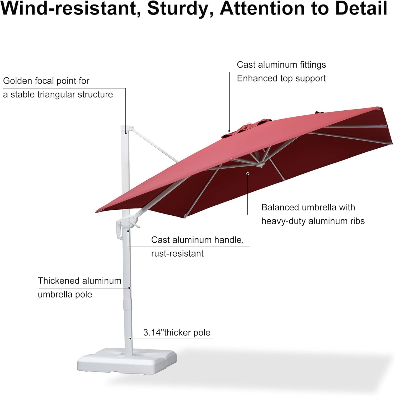 PURPLE LEAF 9 FT Patio Umbrella With Base White Cantilever Umbrella Square Outdoor Offset Umbrella Windproof with 360° Rotation for Garden Deck Pool, Ruby Red