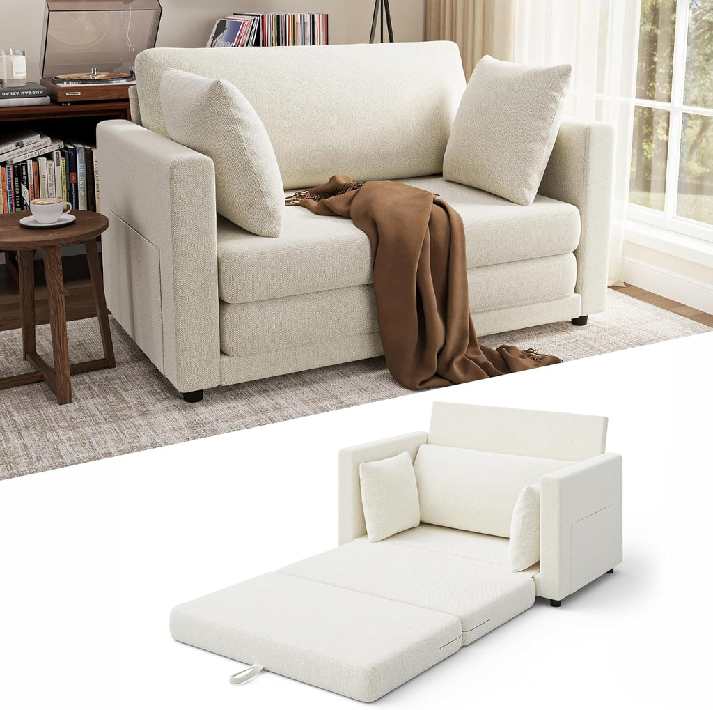 Convertible Sofa Bed, 2 in 1 Pull Out Loveseat Sleeper Sofa | 78.7” Folding Floor Sofa Bed for Guest Room, Bedroom | Ivory White