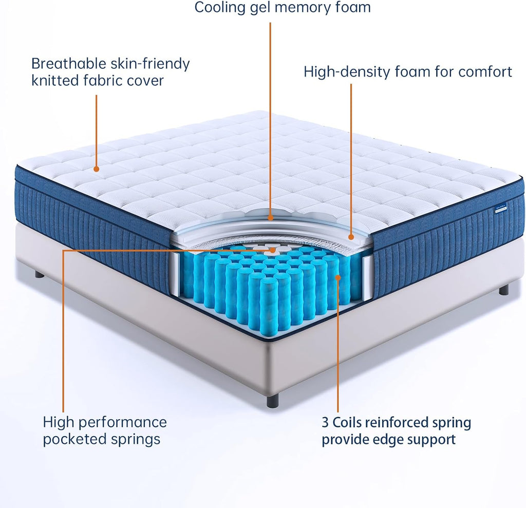 California King Mattress, 14 Inch Cal King Size Mattress in a Box, Medium Firm Pocket Spring and Gel Memory Foam for Superior Comfort, Pressure Relief, Strong Edge Support