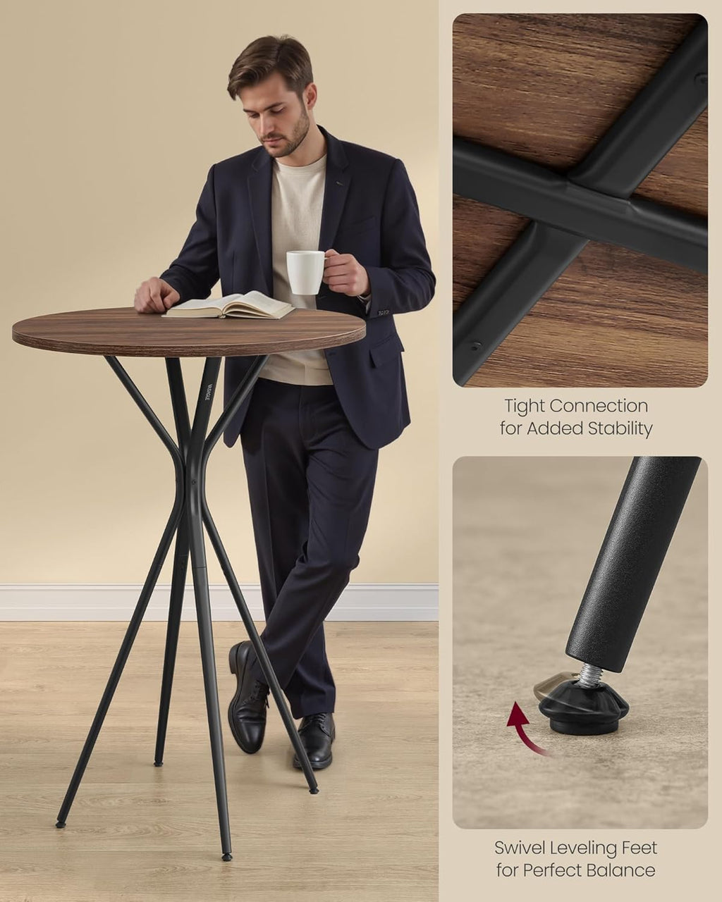 VASAGLE Bar Table, Round Cocktail High Top Pub Bistro Table for Events Party, Kitchen Dining, Home Bar, 23.6 x 23.6 x 41.3 Inches, Metal Frame, Modern Style, Easy to Assemble, Natural Walnut and Black