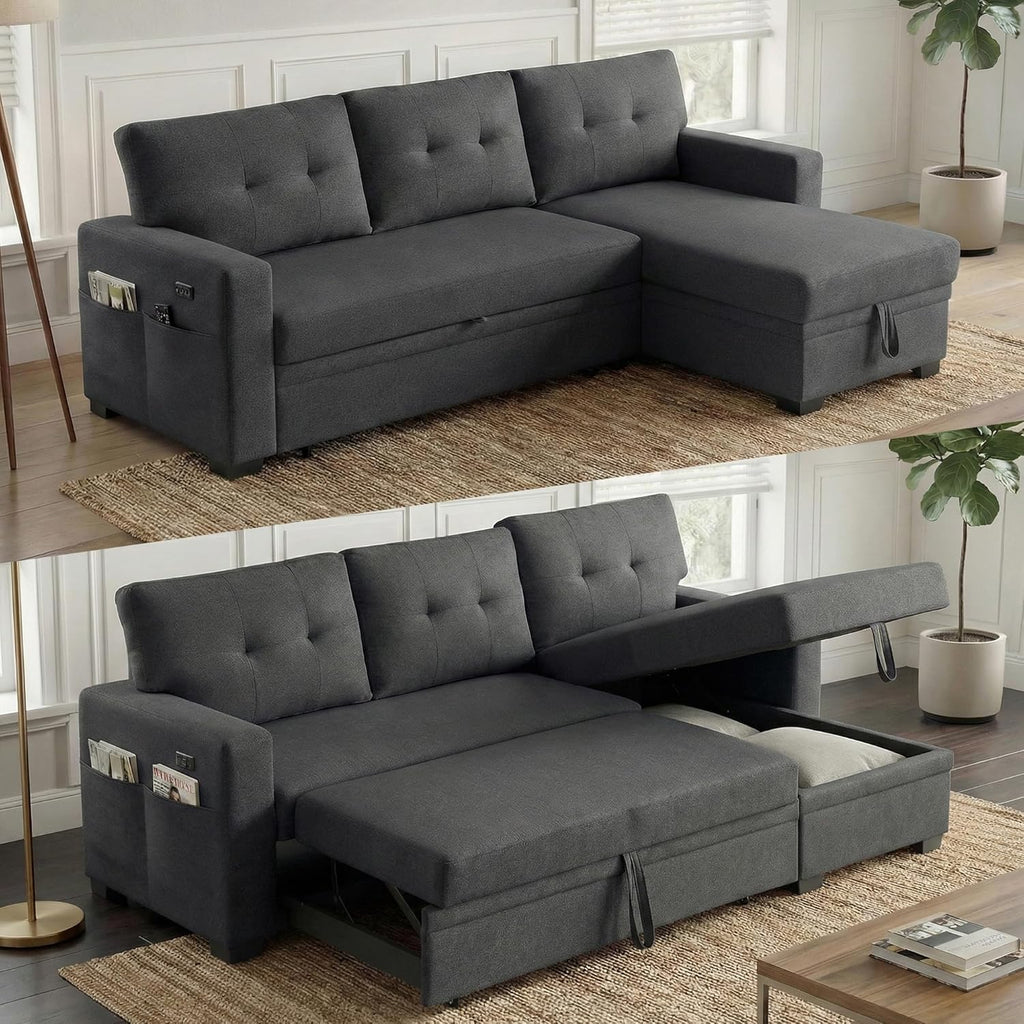 Convertible Sleeper Sofa Bed with Pull Out Couch, L Shaped Couch with Chaise Storage, USB Charge & Side Pocket, Small Sectional Couches for Living Room, Apartment | Linen Fabric | 82" | Dark Grey
