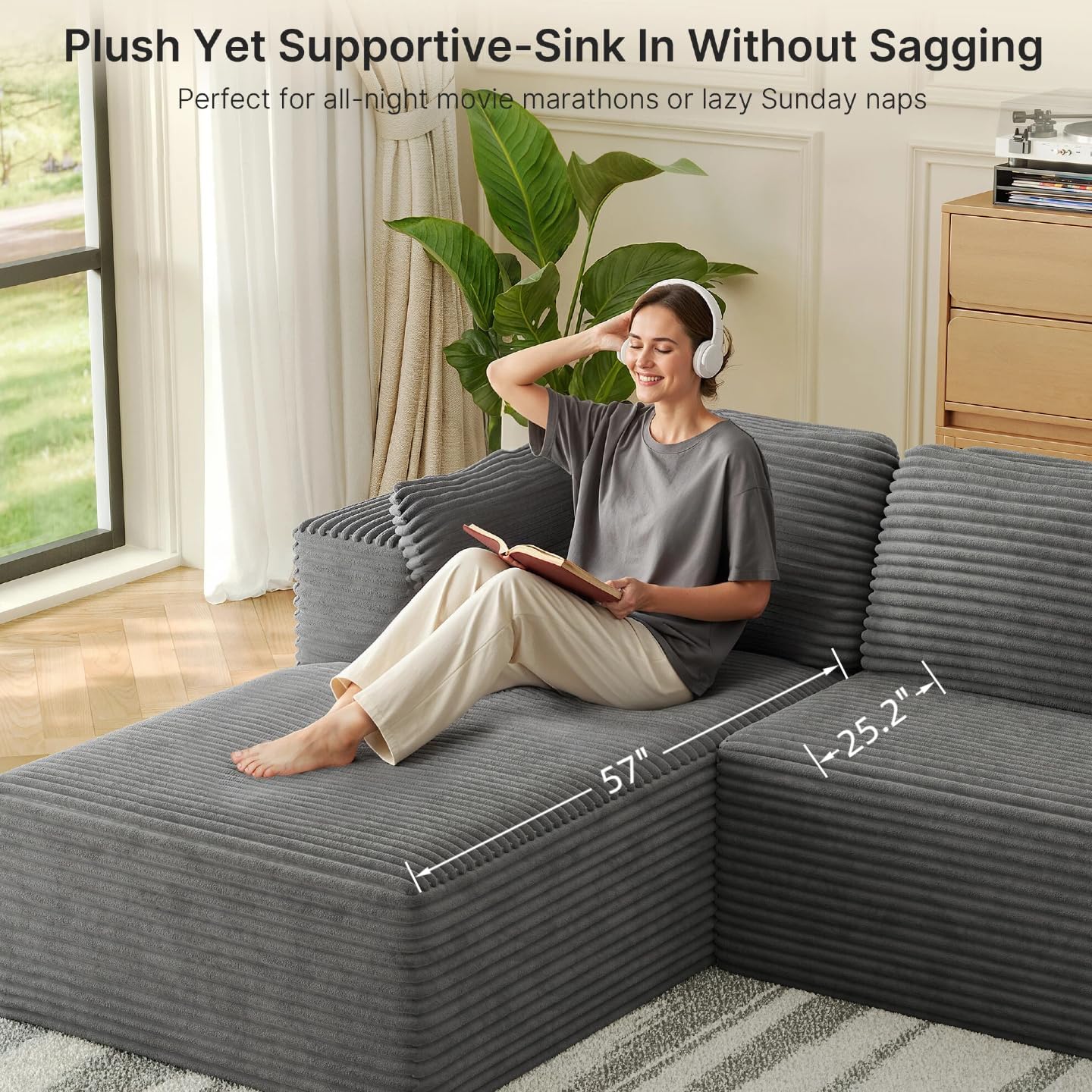 Gizoon 105" Oversized Floor Sofa Sectional, L Shaped Modular Cloud Couch with Chaise, Deep Seat Corduroy Memory Foam Boneless Couch for Living Room, No Assembly (Grey, Left Facing Chaise)
