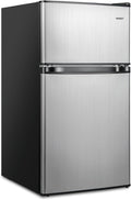 COSTWAY Compact Refrigerator, 3.2 Cu.Ft. Fridge Freezer Compartment with Reversible 2 Door, Adjustable Thermostat, Removable Glass Shelves, Mini Refrigerator for Bedroom Dorm Apartment, Silver