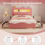 LIKIMIO Full Upholstered LED Bed Frame with 2 Storage Drawers and Bookcase Storage Headboard, Velvet Princess Platform Bed with Charging Station, Heavy Duty Metal Support, No Box Spring Needed, Pink