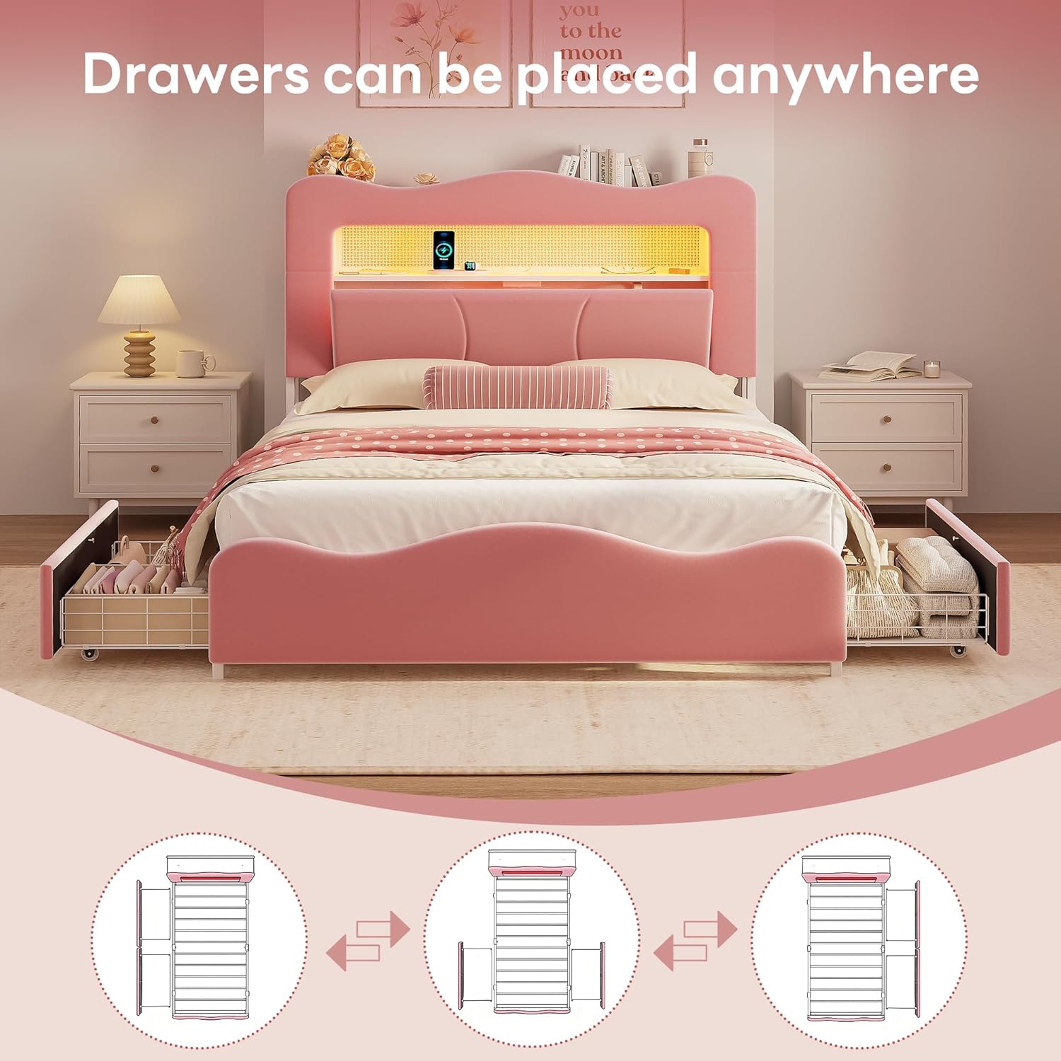 LIKIMIO Full Upholstered LED Bed Frame with 2 Storage Drawers and Bookcase Storage Headboard, Velvet Princess Platform Bed with Charging Station, Heavy Duty Metal Support, No Box Spring Needed, Pink
