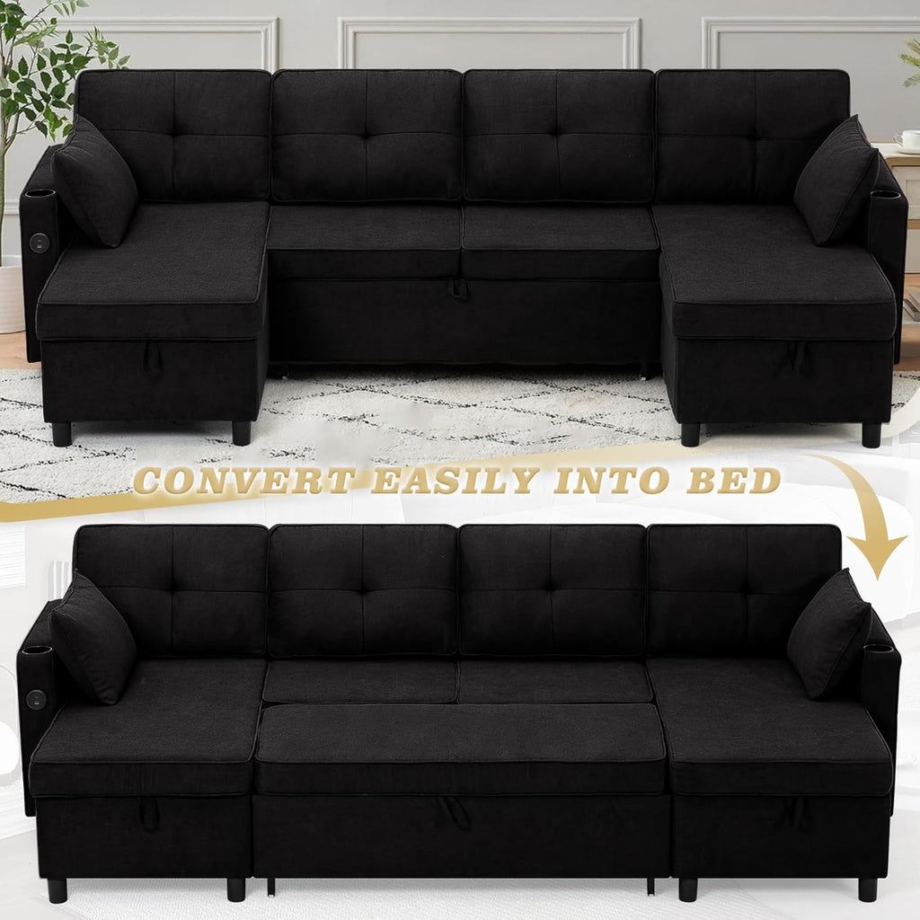 ACMEASE110“ U-Shaped Pull Out Sofa Bed w/Storage Chaise & Adjustable Back, Chenille Sectional Sofa w/USB Port,Tufted Sleeper Couch w/Cup Holders for Living Room, Black