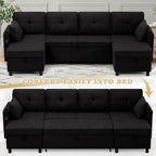 ACMEASE110“ U-Shaped Pull Out Sofa Bed w/Storage Chaise & Adjustable Back, Chenille Sectional Sofa w/USB Port,Tufted Sleeper Couch w/Cup Holders for Living Room, Black