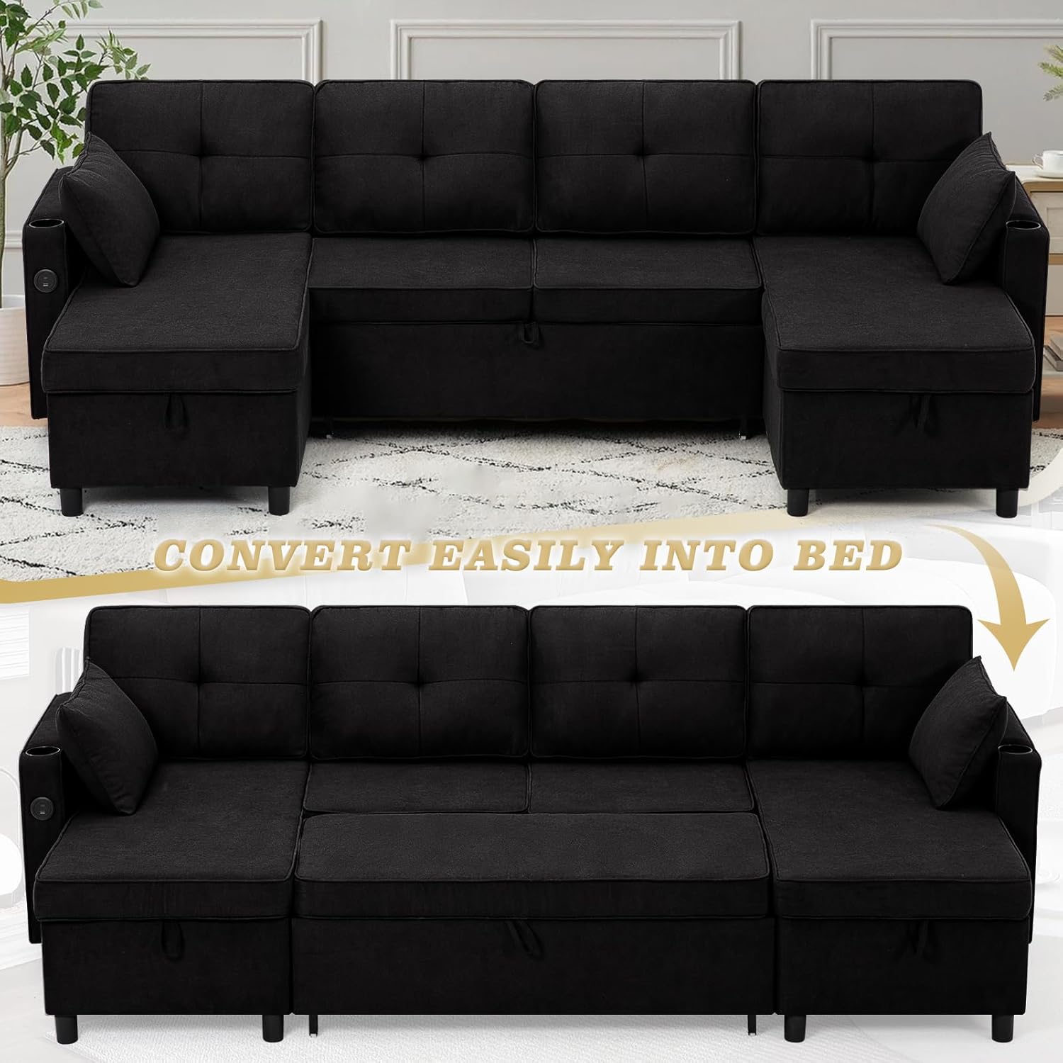 ACMEASE110“ U-Shaped Pull Out Sofa Bed w/Storage Chaise & Adjustable Back, Chenille Sectional Sofa w/USB Port,Tufted Sleeper Couch w/Cup Holders for Living Room, Black