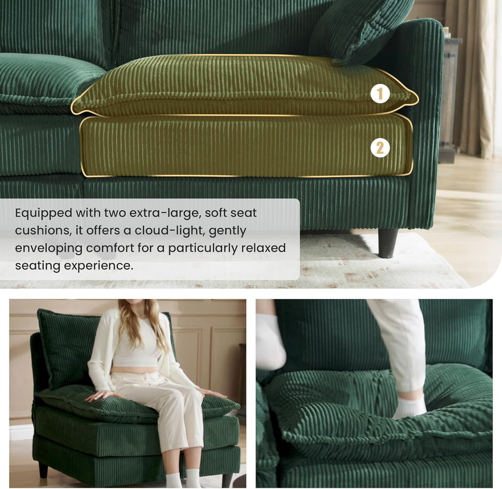 Apicizon 108" Cloud Couch Sectional, 3-Seat Deep Cloud Sofa with Ottoman, Modern U Shape Sectional Sofa Corduroy for Living Room, Apartment, Office, Green