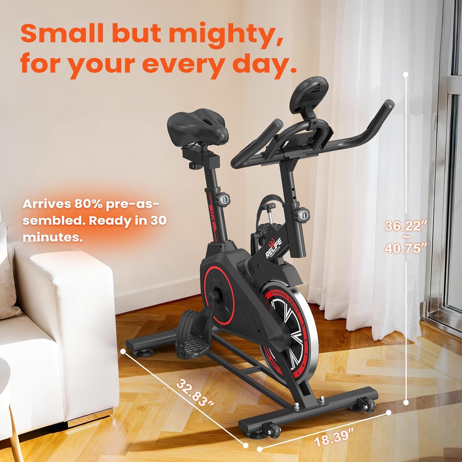 RELIFE REBUILD YOUR LIFE Exercise Bike Stationary for Home Indoor,Cycling Bike with Silent Belt Drive for Home Cardio,Brake Pad Resistance with djustable & Comfort Seat/PAD Holder/LCD Monitor.