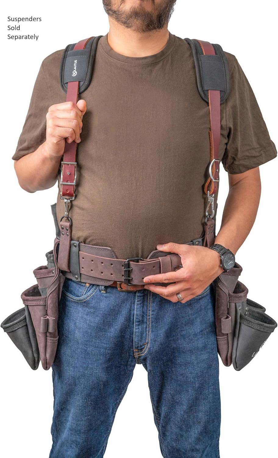 LAUTUS Heavy Duty Top Grain Leather Tool Belt for Framers, Carpenters & Electricians, 18 Pockets, Hammer Holder, 2 D-Rings, 2 Loops, Tape Measure Clip, Thick Belt