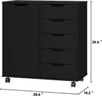 Panana 5-Drawer Chest with 1 Door, Wooden Chest of Drawers Storage Dresser Cabinet with Wheels, Office Organization and Storage, Bedroom Furniture (Black-S)