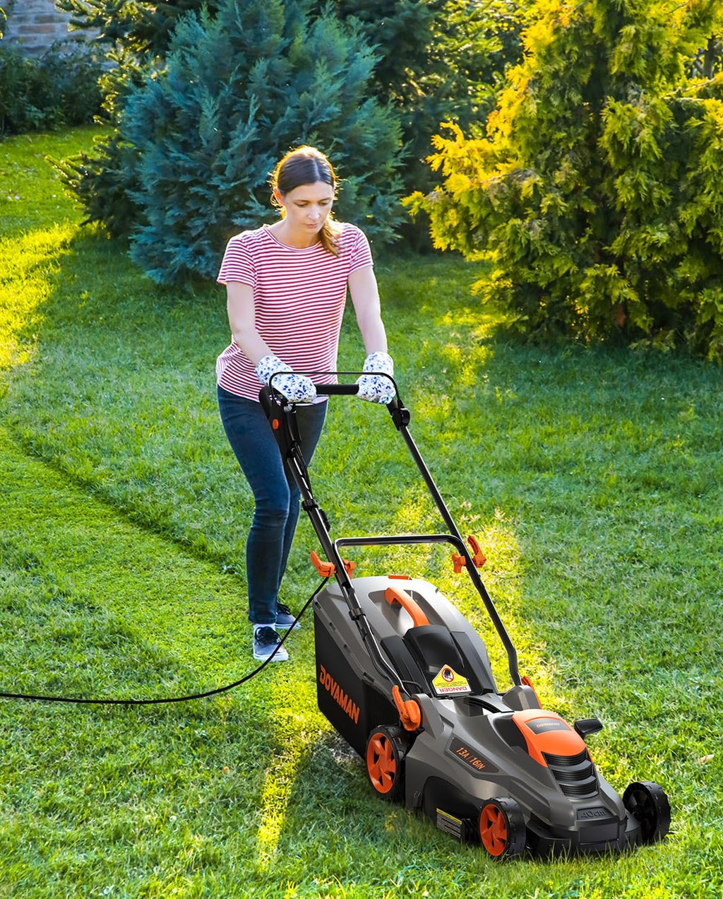 DOVAMAN 13Amp LA16M Lawn Mower, 16" Blade, 5-Position Height Adjustment, 3-Step Quick Vertical Fold Storage, 2-in-1 Mulching & Bagging, 98% Collection, Corded Lawn Mower for Your Garden