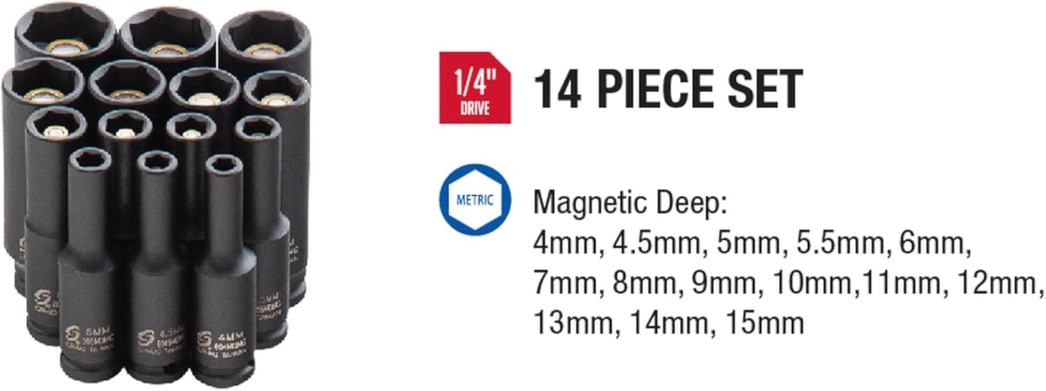SUNEX TOOLS 1831, 1/4 Inch Drive Deep Magnetic Impact Socket Set, 14-Piece, Metric, 4mm - 15mm, Cr-Mo Alloy Steel, Heavy Duty Storage Case, Meets ANSI Standards