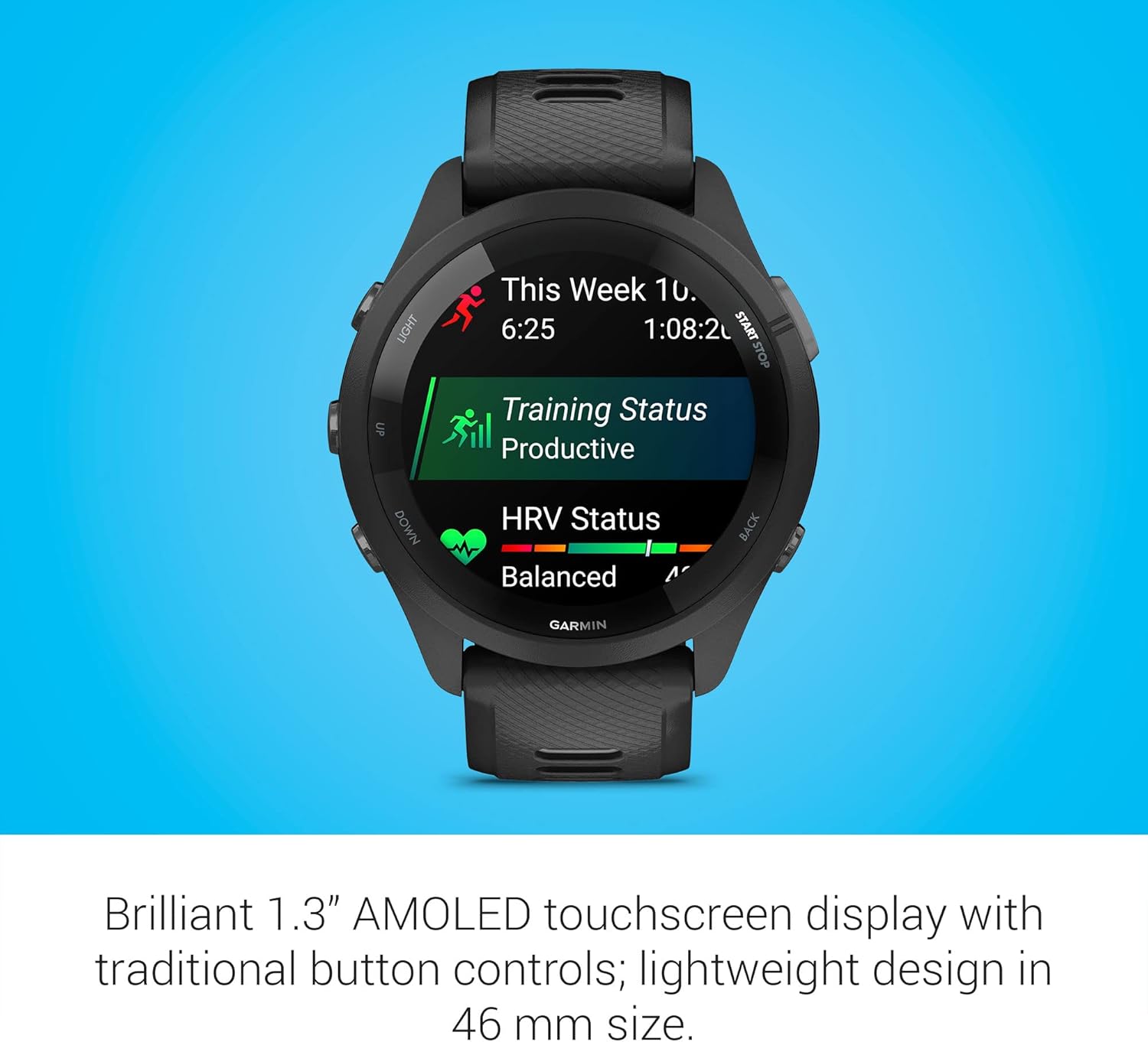 Garmin Forerunner 265 Running Smartwatch  Colorful AMOLED Display  Training Metrics and Recovery Insights  Black and Powder Gray (Renewed)