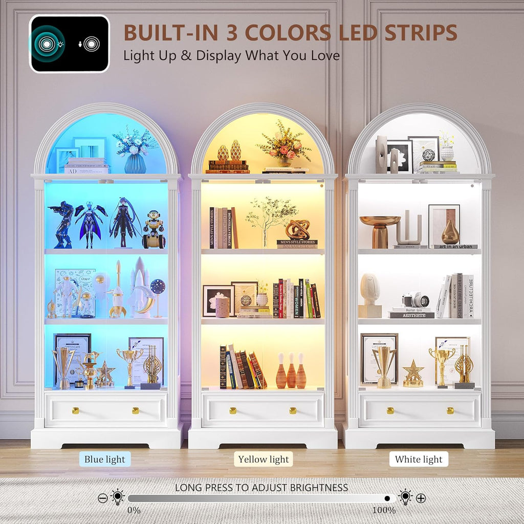 Arched Display Cabinet with Glass Doors, 72" Tall Curio Cabinet with Human Sensor Lights, 4-Tier Display Case for Collectibles Bookcase Living Room