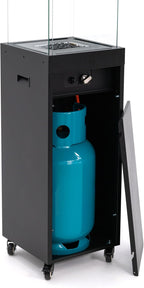 Planika Faro 41 000 BTU Propane Patio Heater 59" Modern Freestanding Glass Tower with Wheels  Smokeless 360° Flame  Cover & Regulator Included for Commercial & Residential Outdoor Spaces