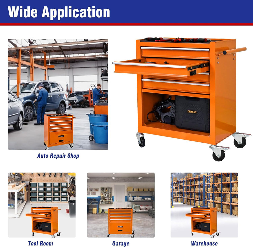 4 Drawers Rolling Tool Cart on Wheels, Trolley Organizer Tool Case Tool Chest, Multifunctional Tool Storage Tool Box for Workshop, Garage, Warehouse, Repair Shop(24.2"W×12.9"D×29.9"H-Orange)