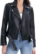 SILVER FASHIONS Lambskin Leather Jacket Women,Motorcycle Jacket,Classic Asymmetrical Zip Style,Buckle Belts,Multiple Pockets