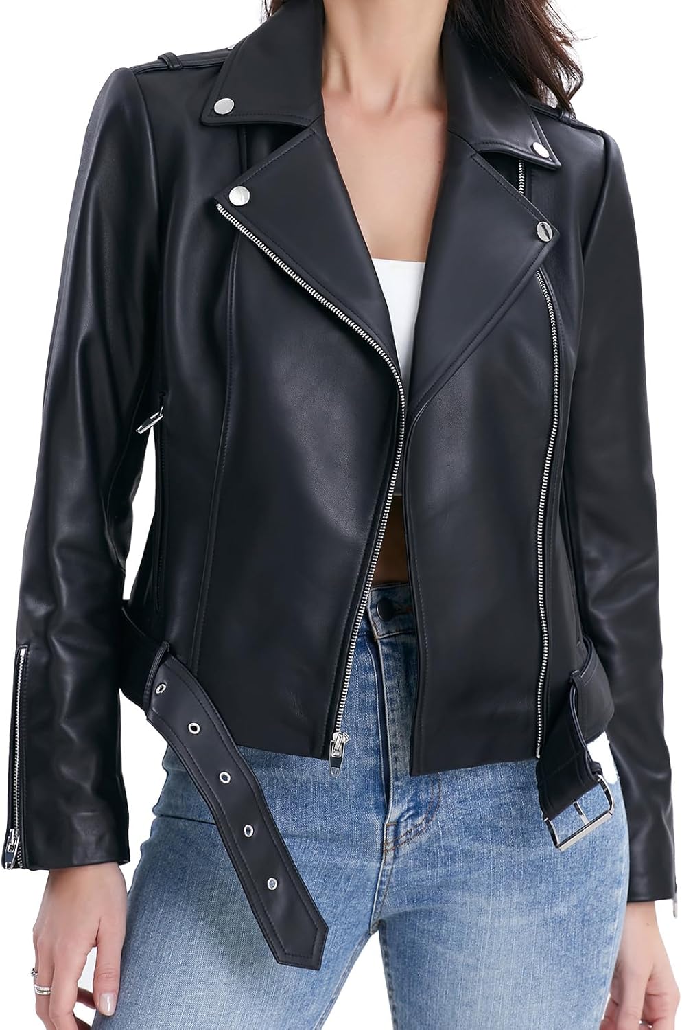 SILVER FASHIONS Lambskin Leather Jacket Women,Motorcycle Jacket,Classic Asymmetrical Zip Style,Buckle Belts,Multiple Pockets