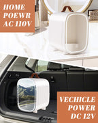 Mini Fridge for Bedroom, 4 Liter/6 Can Skincare Fridge With LED Mirror & Leather Carrying Handle,12v AC/DC Cooler & Warmer Portable Small Refrigerator for Drinks, Makeup, Dorm, Office and Car(White)