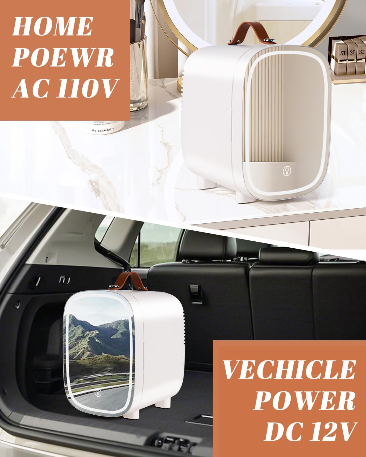 Mini Fridge for Bedroom, 4 Liter/6 Can Skincare Fridge With LED Mirror & Leather Carrying Handle,12v AC/DC Cooler & Warmer Portable Small Refrigerator for Drinks, Makeup, Dorm, Office and Car(White)