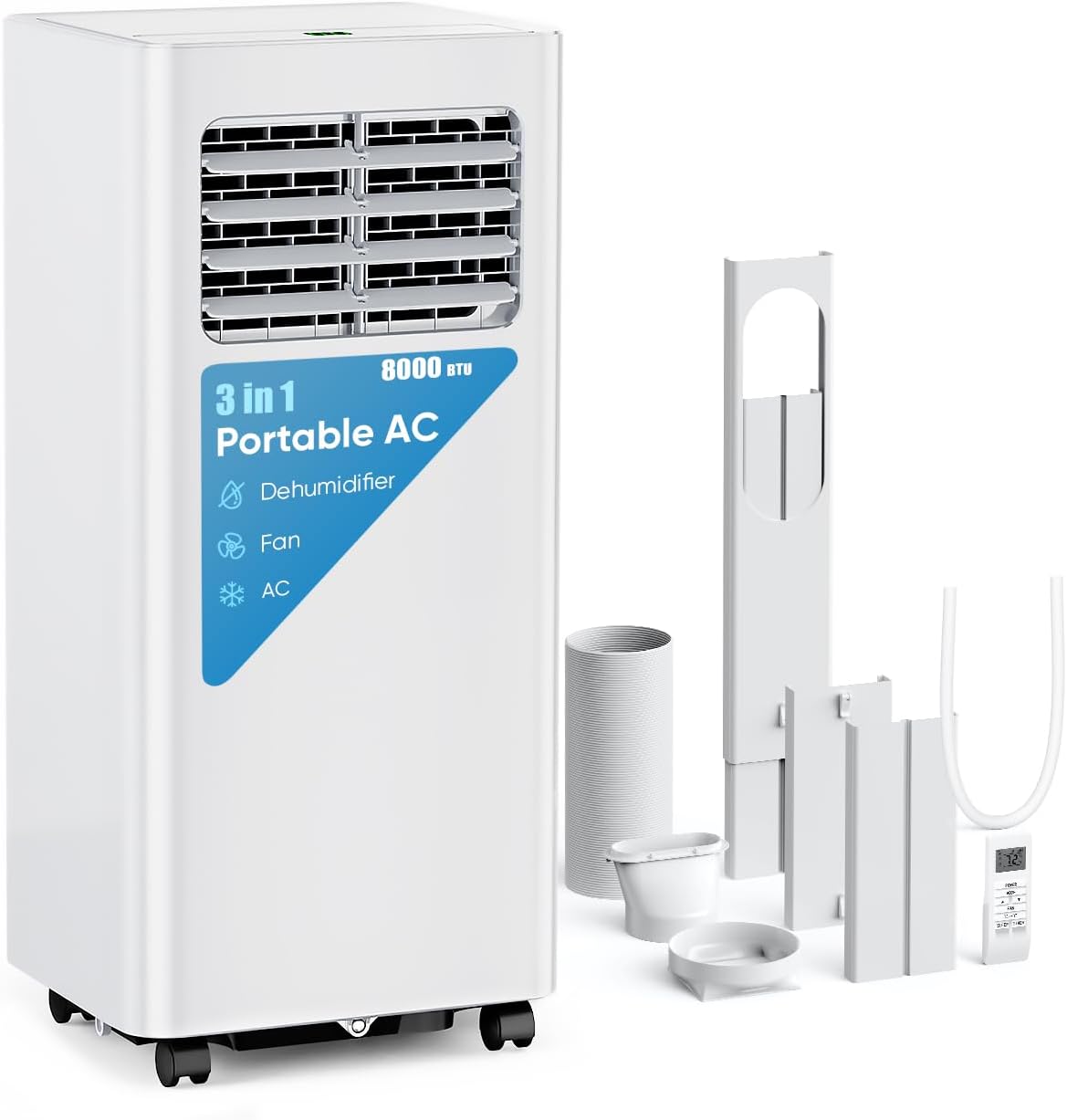 8,000 BTU Portable Air Conditioner - 3-in-1 Portable AC Unit for Rooms Up to 350 Sq. Ft., with Remote Control, Cooling, Dehumidifier & Fan Modes, AC Unit for Bedroom, Office, Apartment