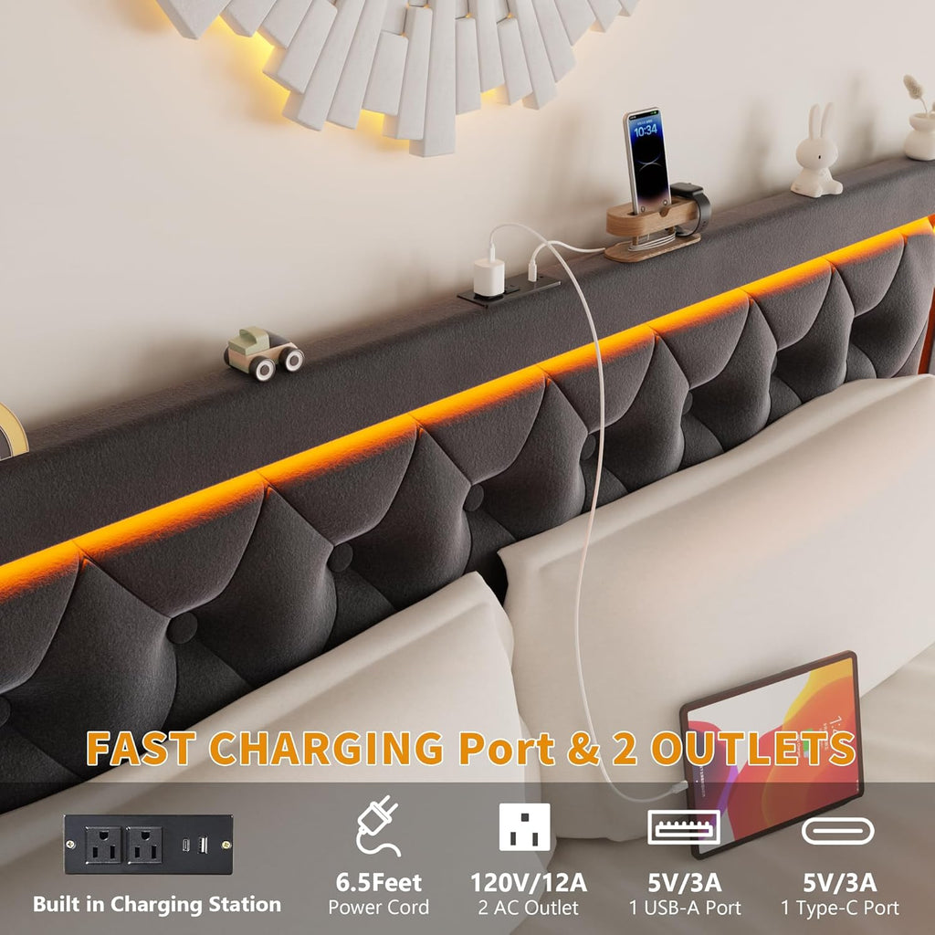 Queen Bed Frame with 4 Storage Drawers, Velvet Upholstered Bed Frame Queen Size with Charging Station and LED Lights, 46" Adjustable Button Tufted Headboard, No Box Spring Needed, Grey