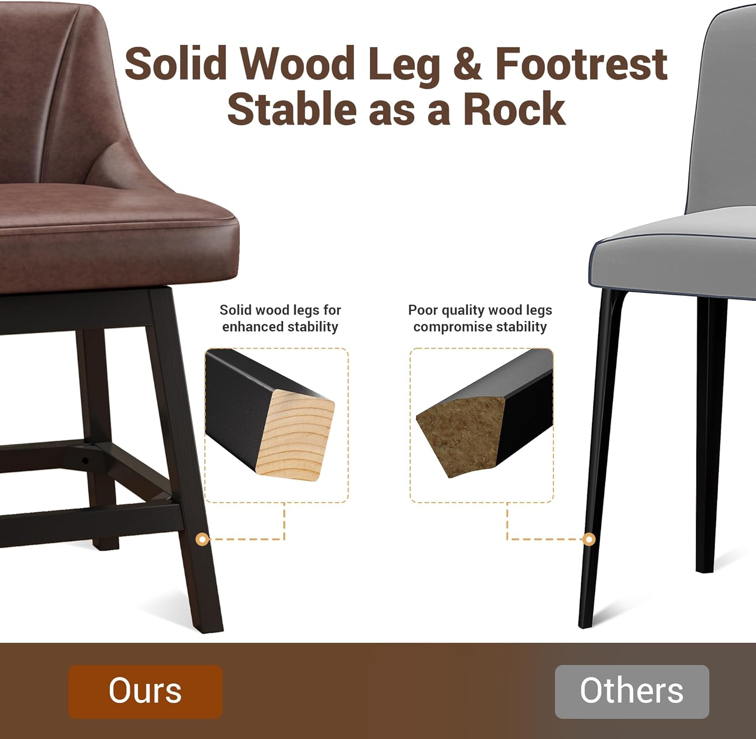 Swivel Bar Stools with Backs, 26" Counter Height Bar Stools Set of 4, Modern Leather Extra Upholstered Counter Barstools with Square Solid Wood Legs for Kitchen Island, Dining Room, Brown