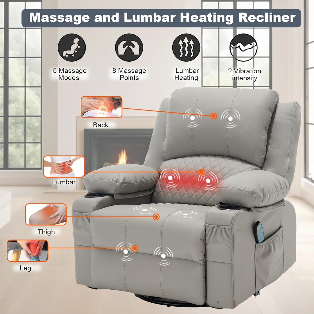 Leather Recliner Chair with Heat and Massage Cup Holder, Thickly Padded Overstuffed Rocking Glider Chair, Swivel Rocker Recliner Chair for Nursery, Grey