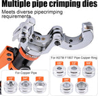 HZLZRZ Pro Press Copper and PEX Pipe Crimper Kit: 8 dies Set with Dies for 1/2" 3/4" 1" Copper Pipe ASTM F1807 PEX Copper Rings (5 Sizes 3/8" to 1"), Professional Tool for Plumbing Systems(YQK/1632B)