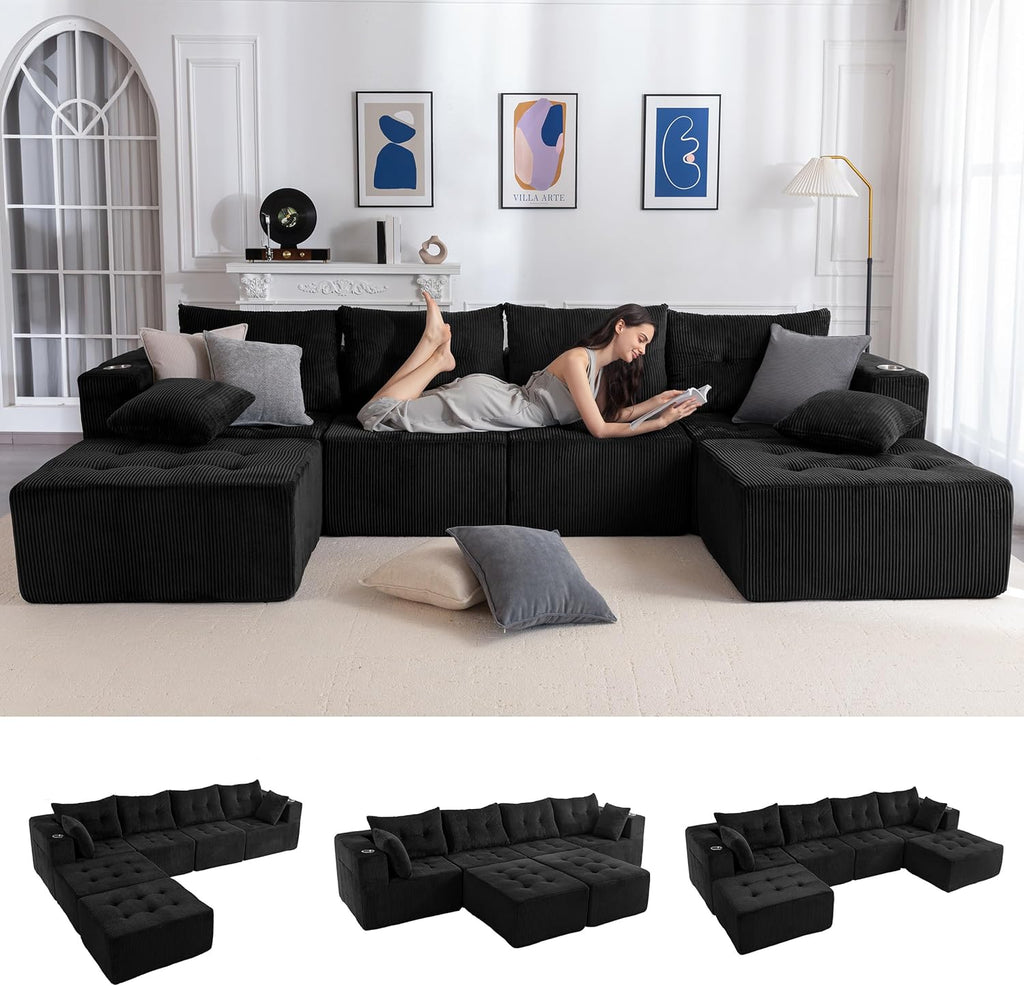 MAXYOYO 129.5" Modular Sectional Sofa Couch, U Shaped Modern Cloud Couch with 2 Ottomans, Sofa in A Box, Tufted 6-Seat Boneless Sleeper Chair for Living Room, No Assembly Required, Black