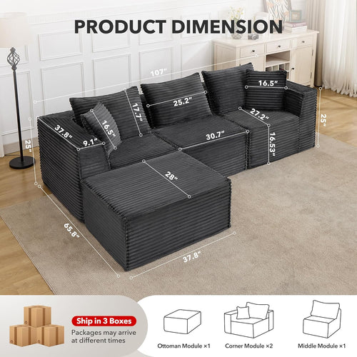 107" Modular Sectional Cloud Couch for Living Room,Deep Seat Boneless Couch,Convertible Sofas with Ottomans,No Assembly Compression Sofas, Comfy Floor Sofa with Memory Foam (3 Seater+1 Ottoman),Grey