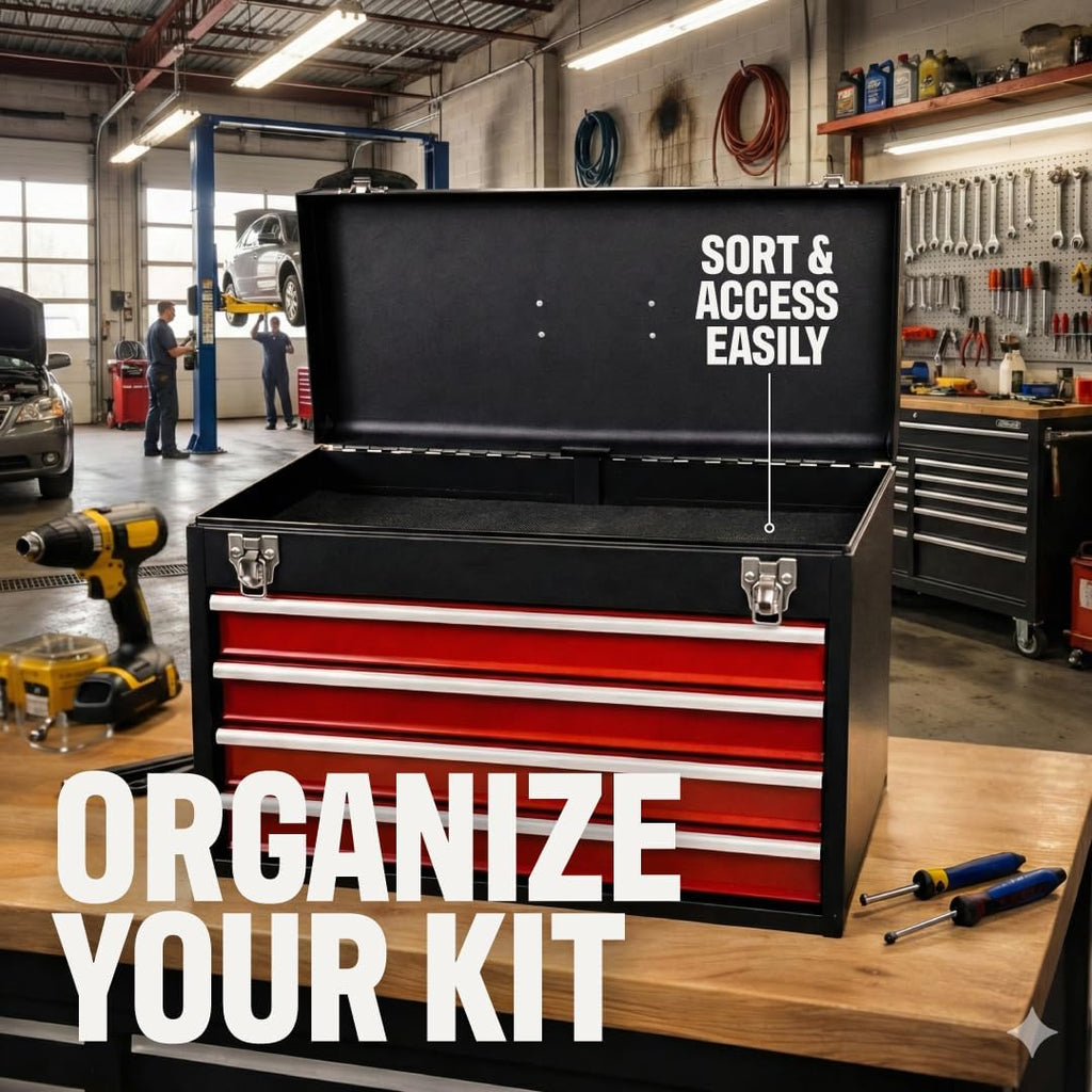 4-Drawer Tool Box with Drawers - Portable Metal Tool Box for Mechanics - Heavy Duty Steel Tool Chest with Locking Latches and Top Storage Compartment, Red/Black