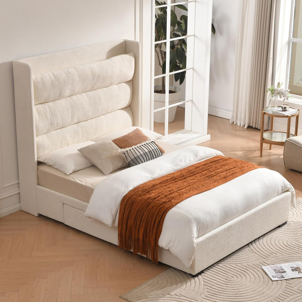 YUHUASHI Queen Storage Bed Frame with 63.4-inch High Headboard, Storage Drawers, Slatted Support, No Spring Mattress Required (Cream, Queen (U.S. Standard))