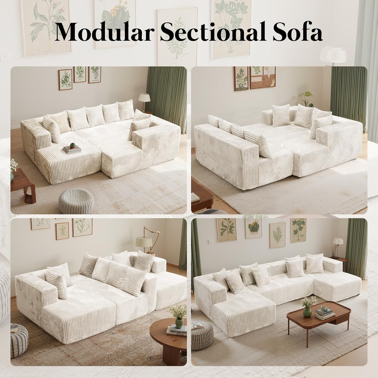 132'' U Shaped Sectional Couches for Living Room, Beige Modular Boneless Cloud Sofa with 2 Chaise Lounges, 4-in-1 Flexible Combination Layered Foam Cushion Deep Seat Corner Couch, No Assembly