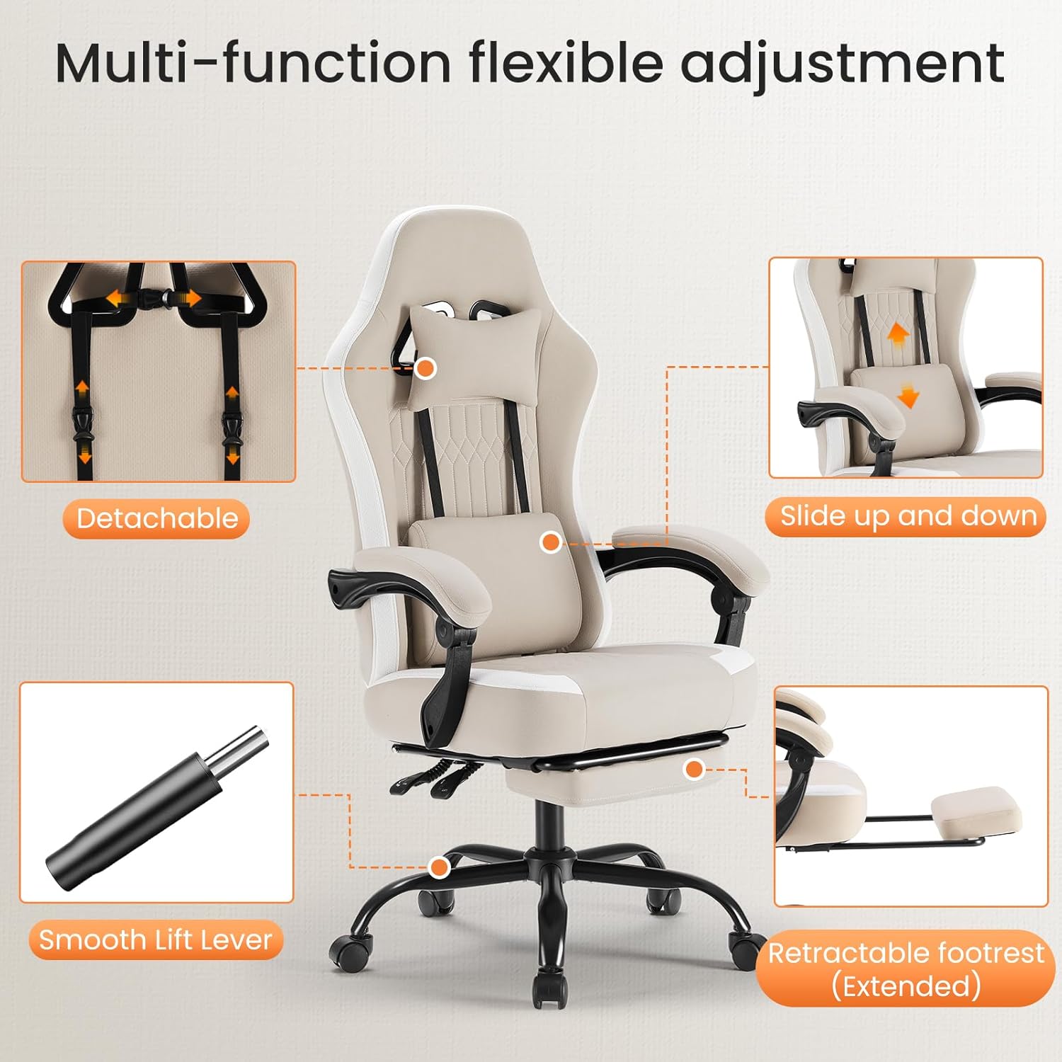 Sweetcrispy Computer Gaming Chair - High Back Ergonomic Desk Chair with Footrest and Lumbar Support, Height Adjustable Task Chair with Linkage Armrests and Headrest, 360°Wheels, Fabric, Khaki