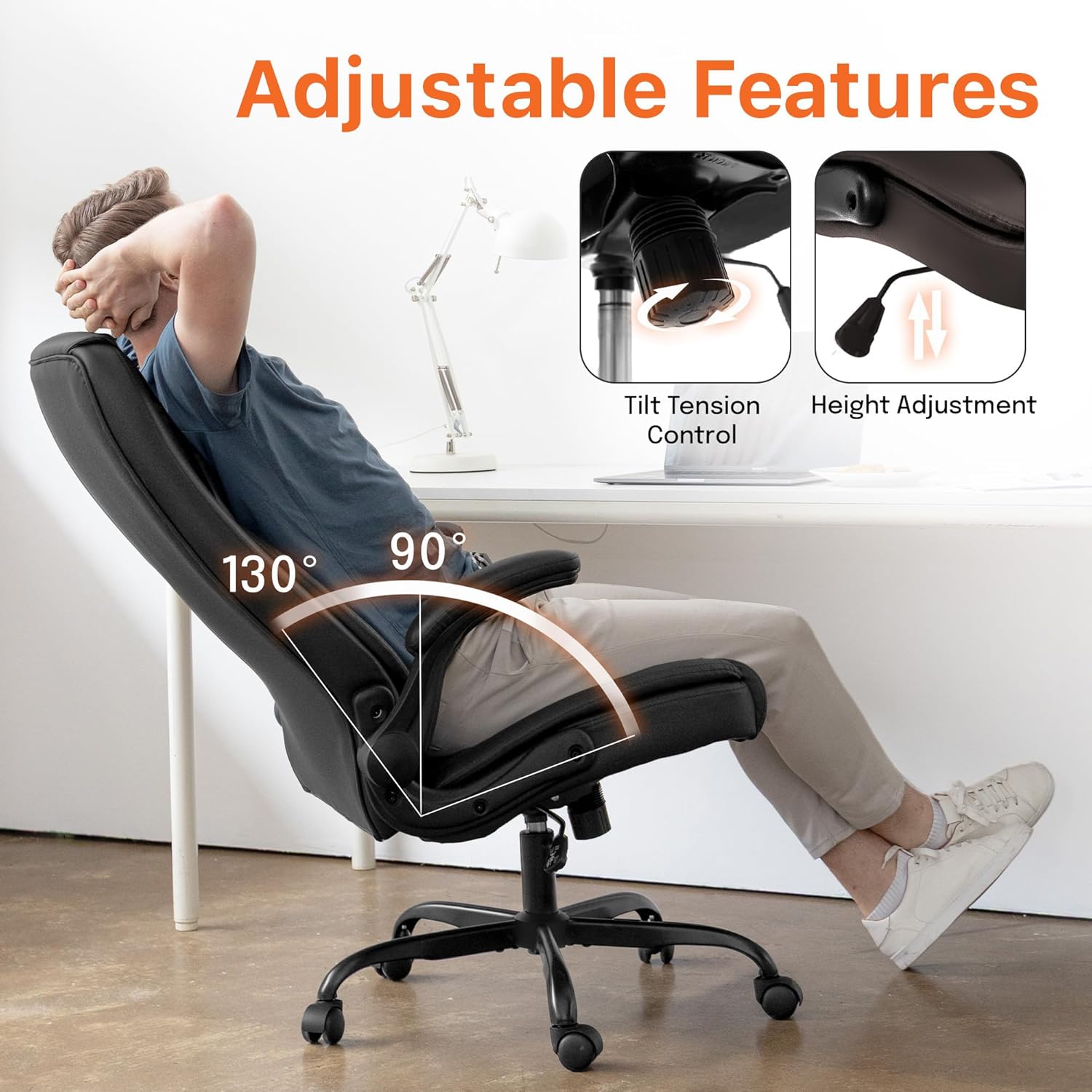 NEO CHAIR Office Desk Gaming Computer Home Chair Ergonomic Executive High Back Support Flip-up Arms Adjustable Height Swivel Rolling Wheels Comfy PU Leather (Black)