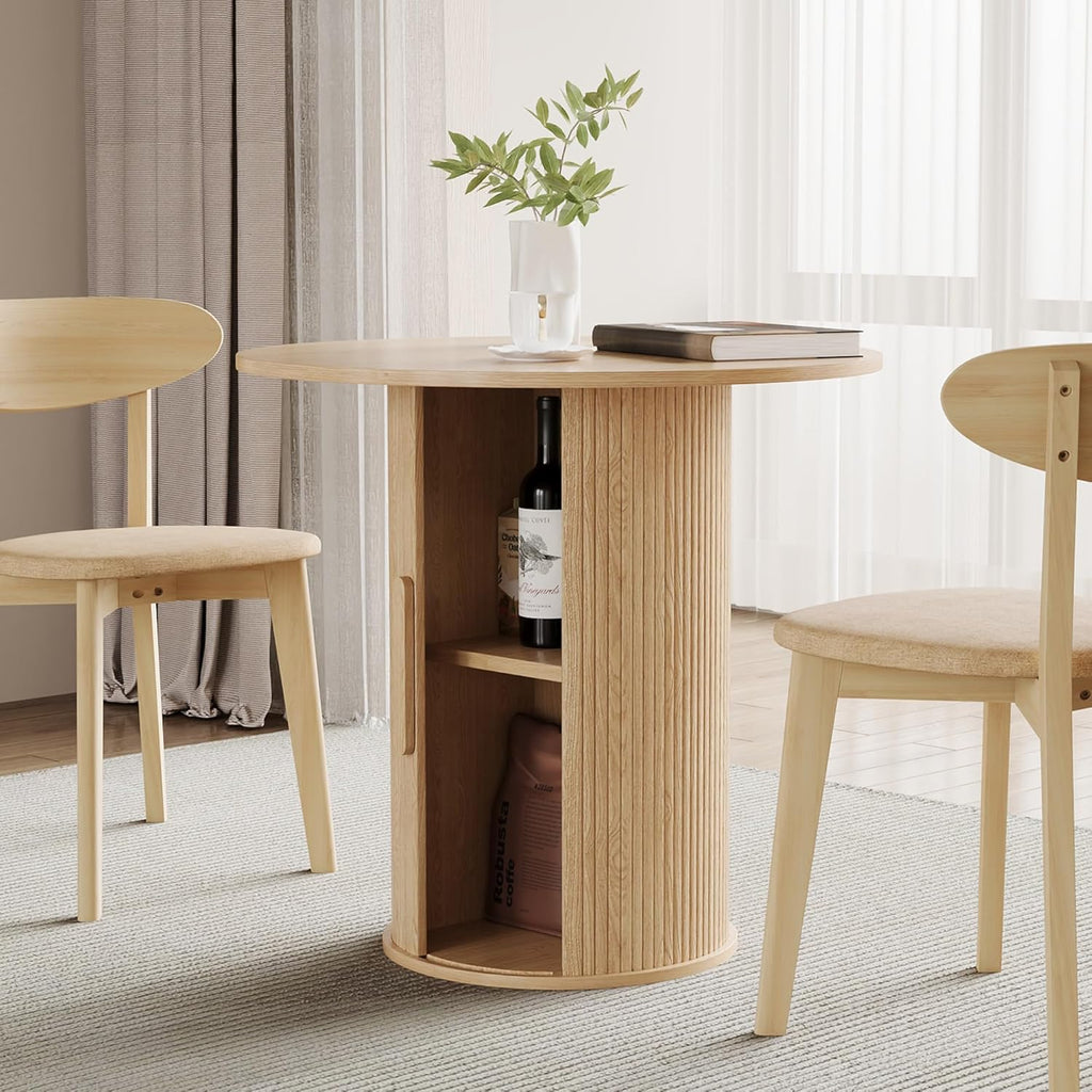 31.5" Round Dining Table for 2-4, Modern Farmhouse Kitchen Table with 2-Tier Storage Shelf, Small Wooden Circle Dining Tables with Fluted Base for Home Dining Room Living Room (Natural)