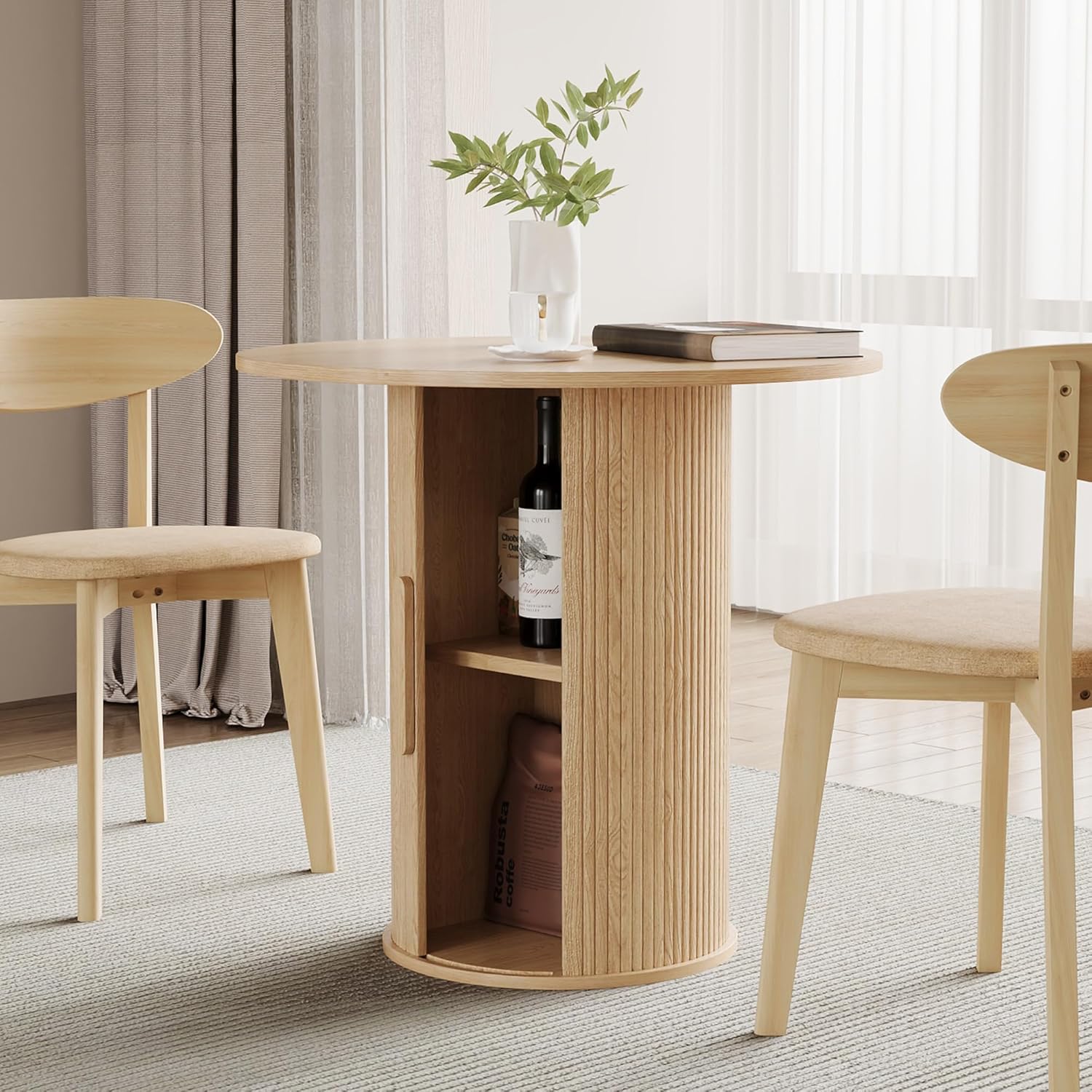 31.5" Round Dining Table for 2-4, Modern Farmhouse Kitchen Table with 2-Tier Storage Shelf, Small Wooden Circle Dining Tables with Fluted Base for Home Dining Room Living Room (Natural)