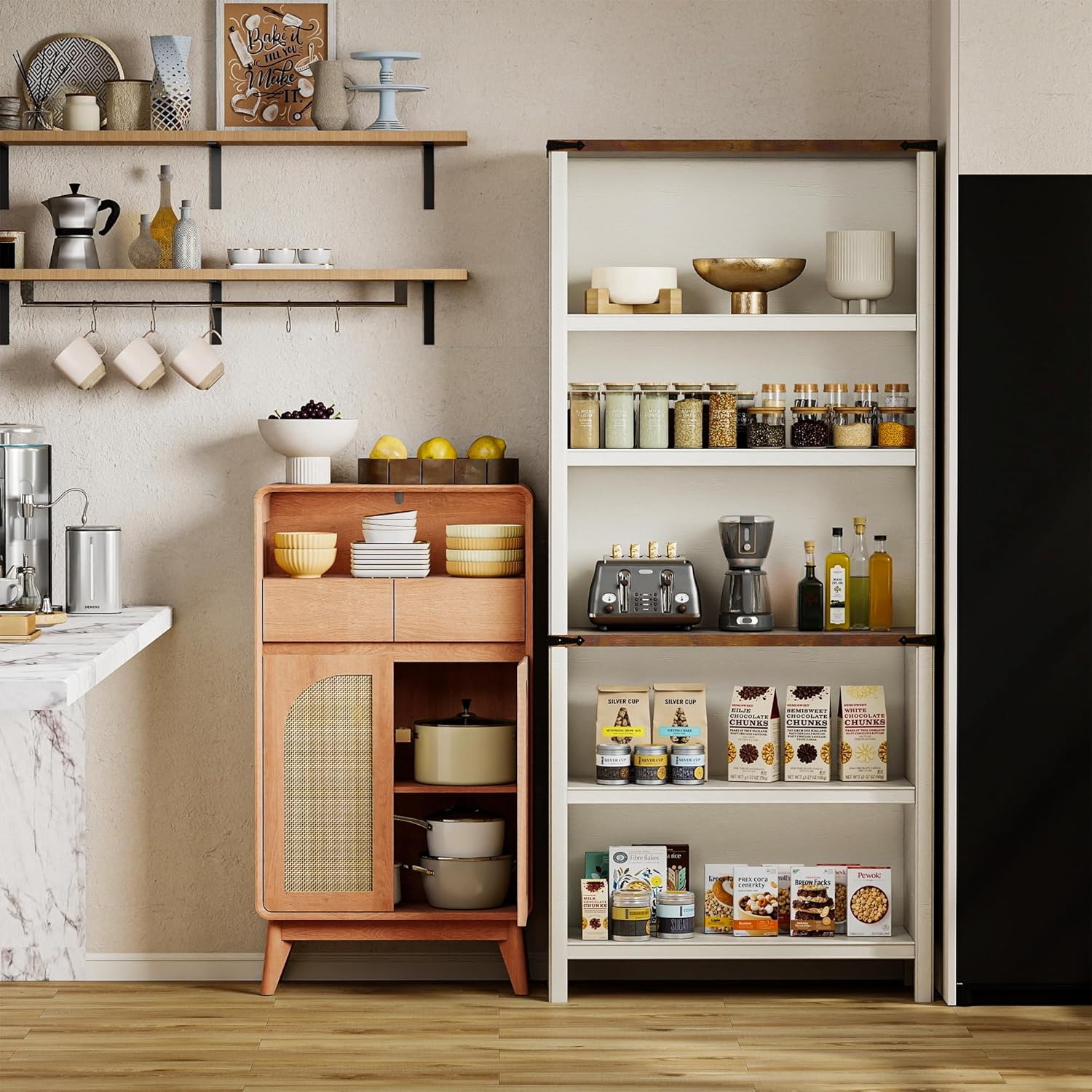 Kitchen Storage Cabinet, Buffet Cabinet with Doors and Adjustable Drawers, Modern Accent Sideboard Coffee Bar Cabinet for Living Room, Dining Room, Entryway, Oak
