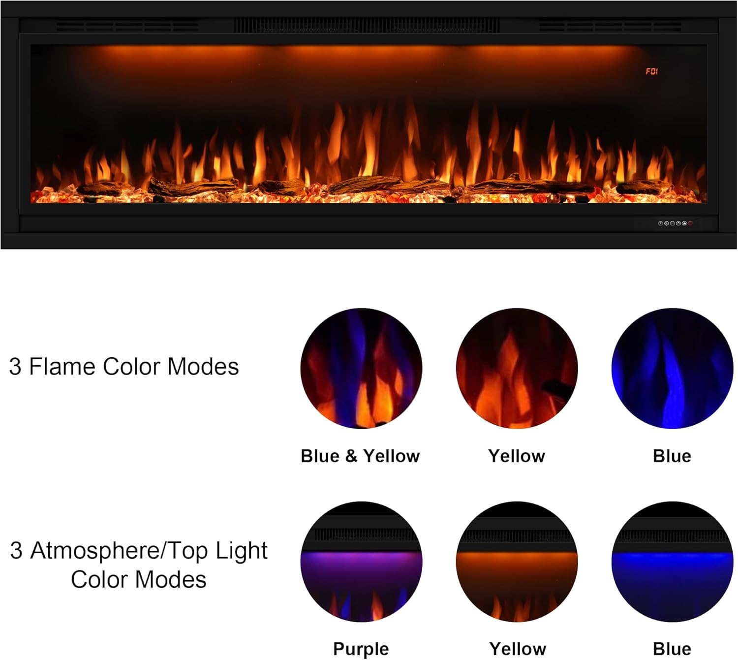 Valuxhome 50 inch Recessed Modern Electric Fireplace with WiFi Smart Control, 3 Top Light and Flame Colors, Timer&Thermostat, Overheating Protection, Logset and Crystal, Touch Screen, Black