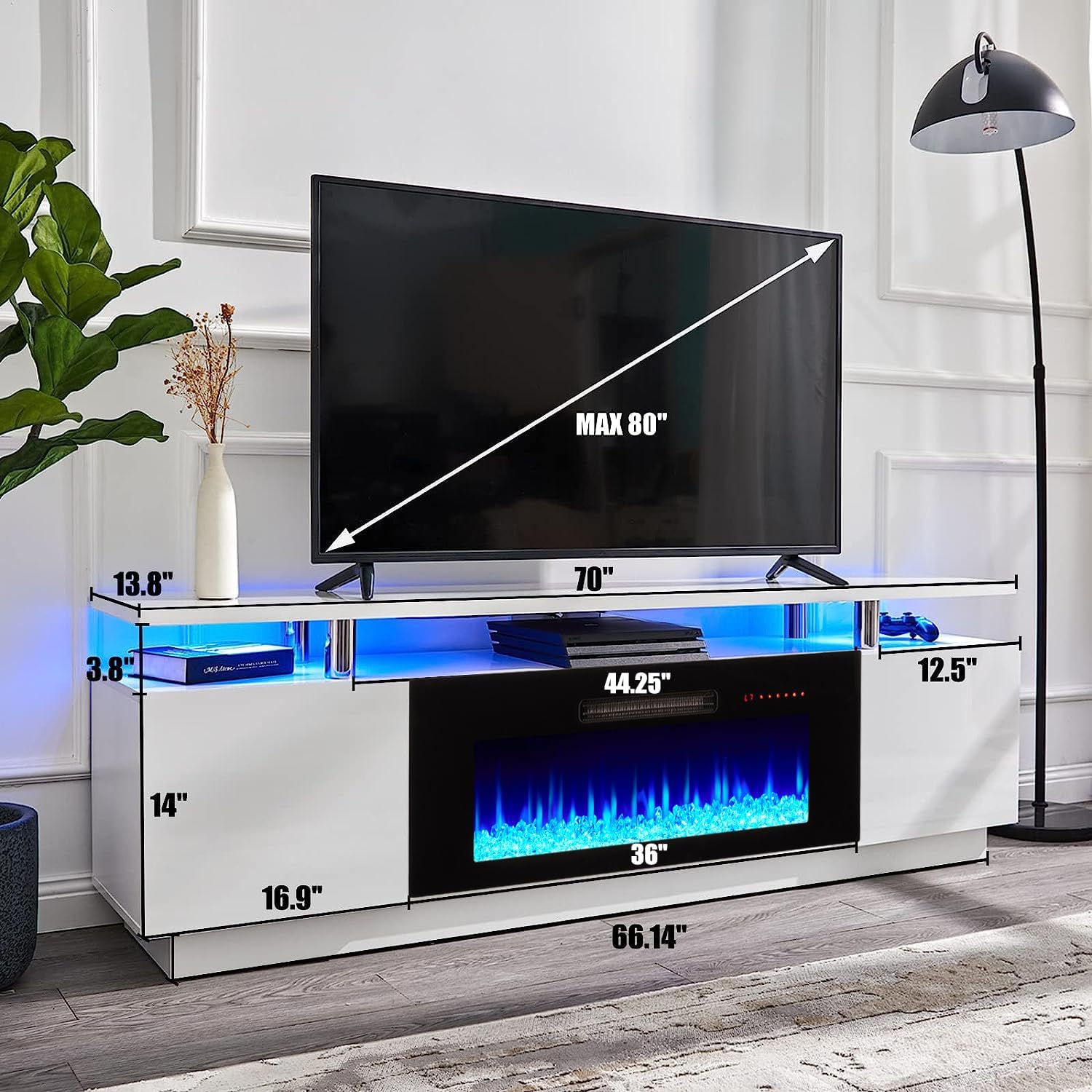 AMERLIFE Fireplace TV Stand with 36" Fireplace, 70" Modern Fireplace Entertainment Center LED Lights, 2 Tier TV Console Cabinet for TVs Up to 80", Ivory White