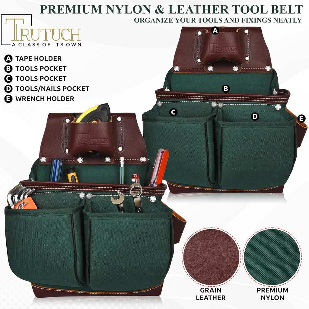 Nylon and Leather Tool Belt | Framing Tool Bags/Pouch | for Carpenter, Construction, Framers & Electrician (Green)