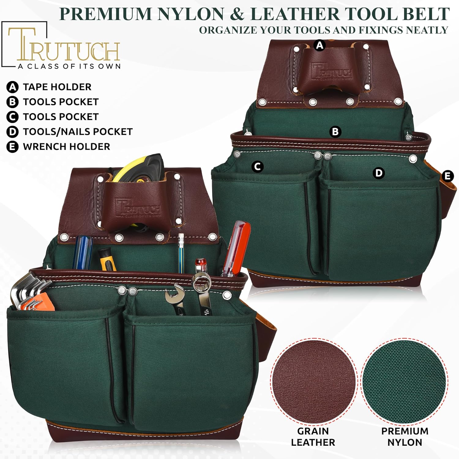 Nylon and Leather Tool Belt | Framing Tool Bags/Pouch | for Carpenter, Construction, Framers & Electrician (Green)
