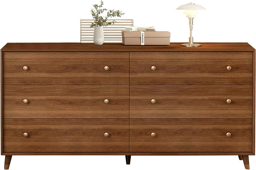 6 Drawer Dresser for Bedroom, 55 Inch Walnut Dresser for Closet, Mid Century Wood Chest of Drawers with Natural Texture & Pre-Embedded Slots for TV Stand, Living Room, Hallway, Office