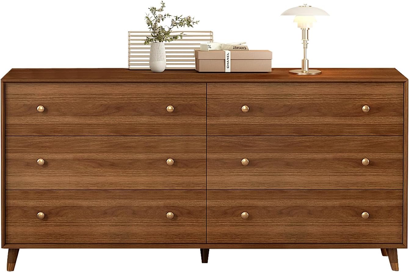 6 Drawer Dresser for Bedroom, 55 Inch Walnut Dresser for Closet, Mid Century Wood Chest of Drawers with Natural Texture & Pre-Embedded Slots for TV Stand, Living Room, Hallway, Office