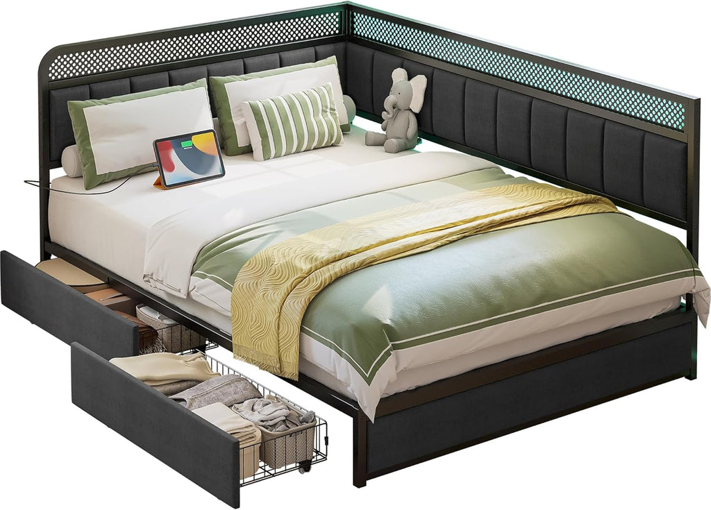LIKIMIO Full Corner Bed Frame with Storage Drawers and Charging Station, Modern Full Daybed with LED Lights and Upholstered Guardrail, Gray