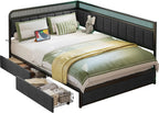 LIKIMIO Full Corner Bed Frame with Storage Drawers and Charging Station, Modern Full Daybed with LED Lights and Upholstered Guardrail, Gray