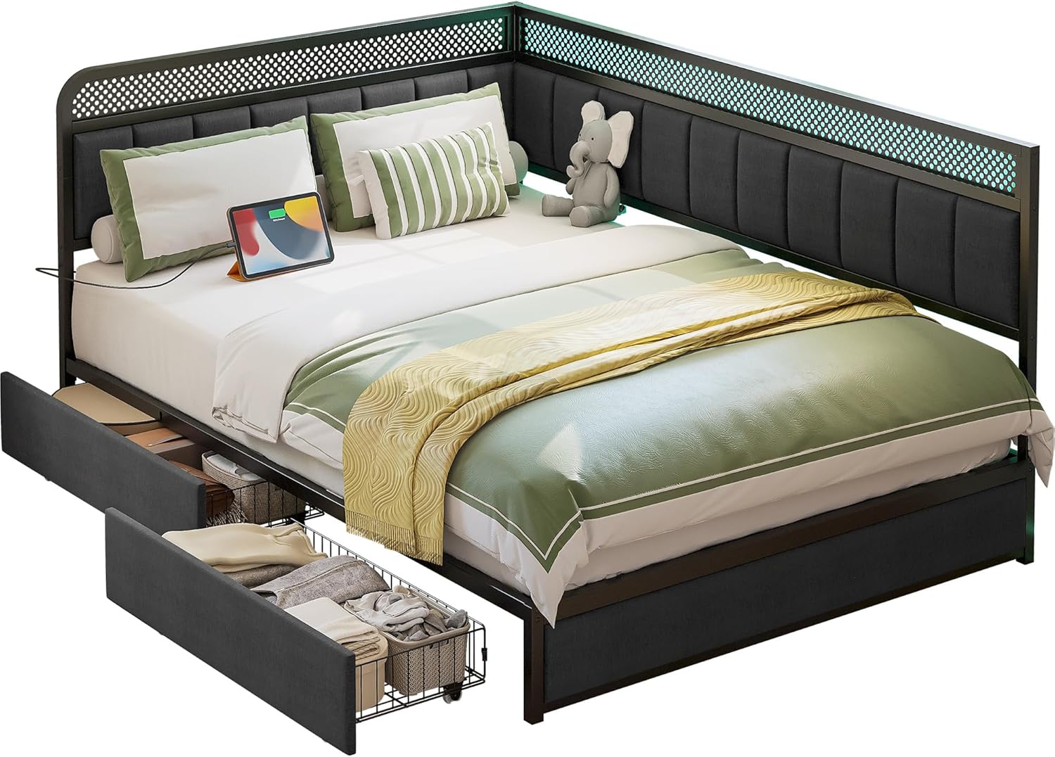 LIKIMIO Full Corner Bed Frame with Storage Drawers and Charging Station, Modern Full Daybed with LED Lights and Upholstered Guardrail, Gray